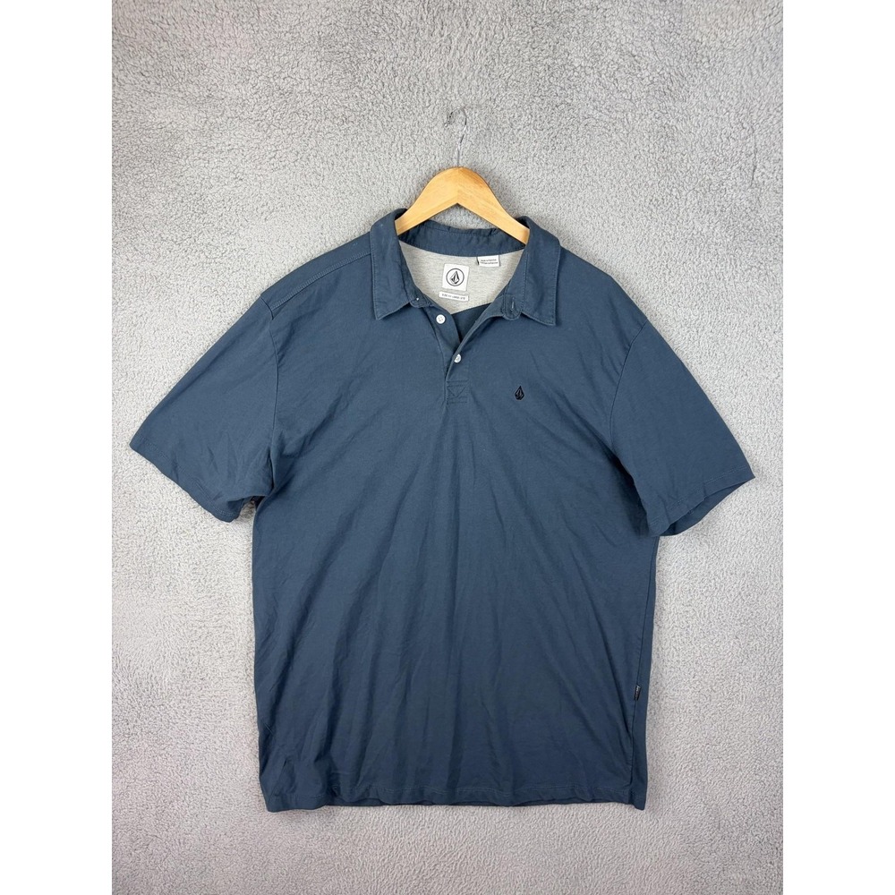 Volcom Polo Shirt Mens 2XL Blue Solid Cotton Jersey Short Sleeve Logo Casual Men